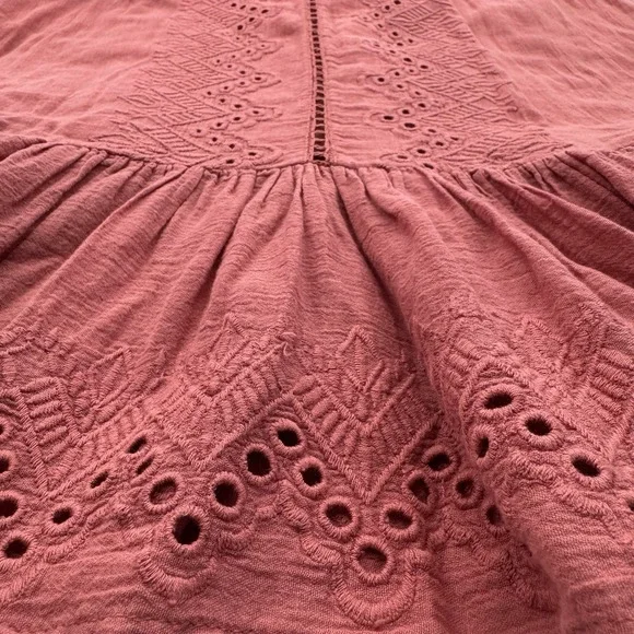 Boho Eyelet Festival Dress S Romantic Cottage Embroidered Earthy Coral Ruffle - Picture 4 of 6